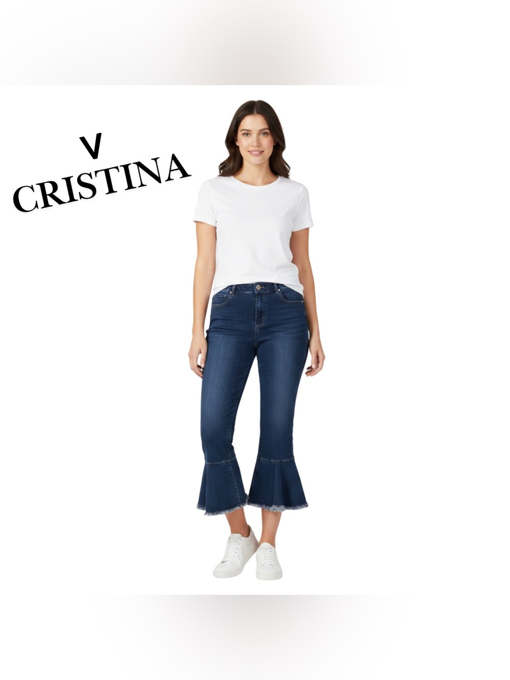 V Cristina Dark Wash Denim Capris Jeans Size 12 Flared‎ Ruffle Hem Cropped Pants